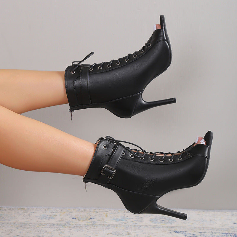 ๐ Midnight Siren Lace-Up Peep Toe Pumps โ Buckled Seduction, Zipped to Thrill