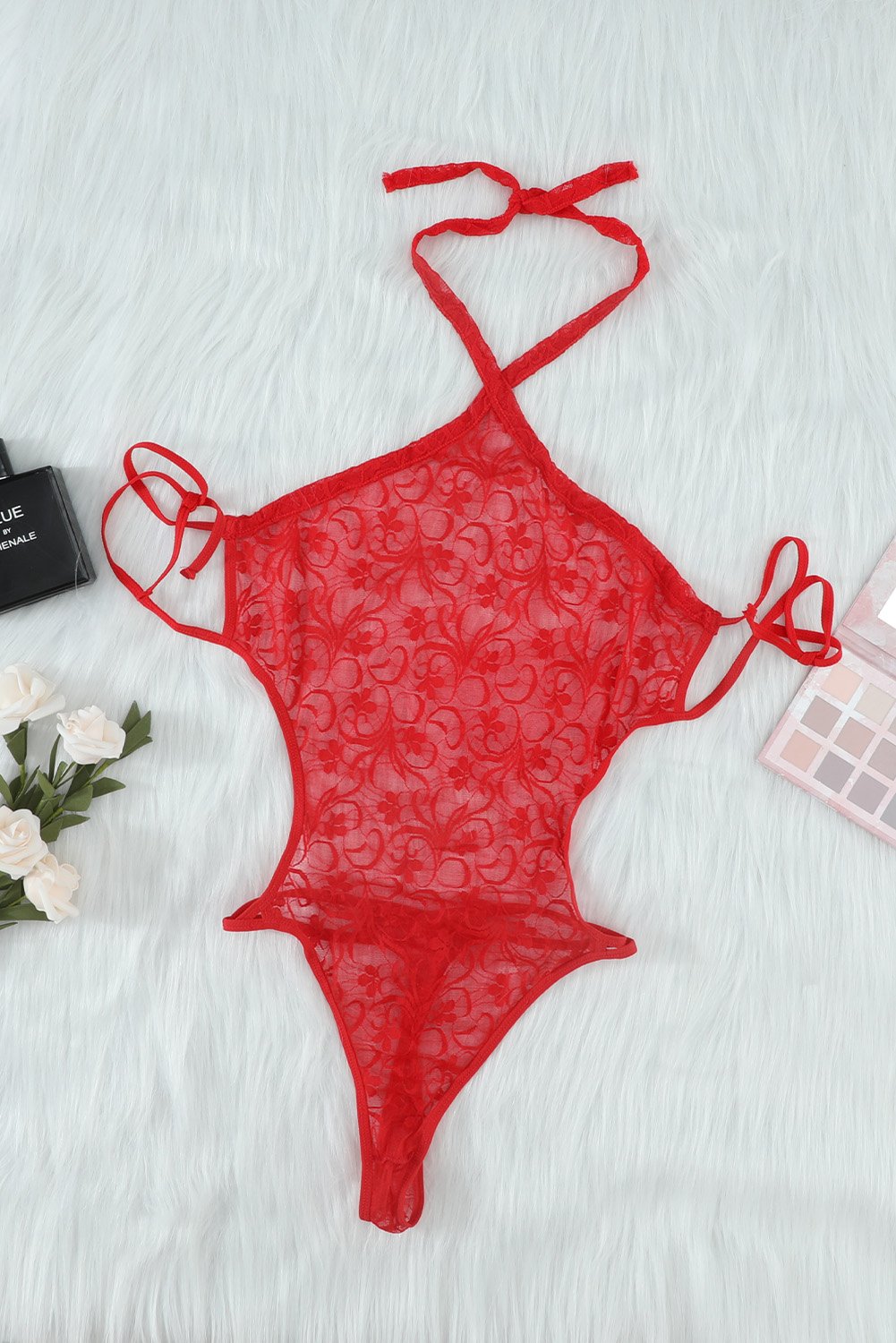 🌸Halter Neck Backless Strappy Lace Teddy