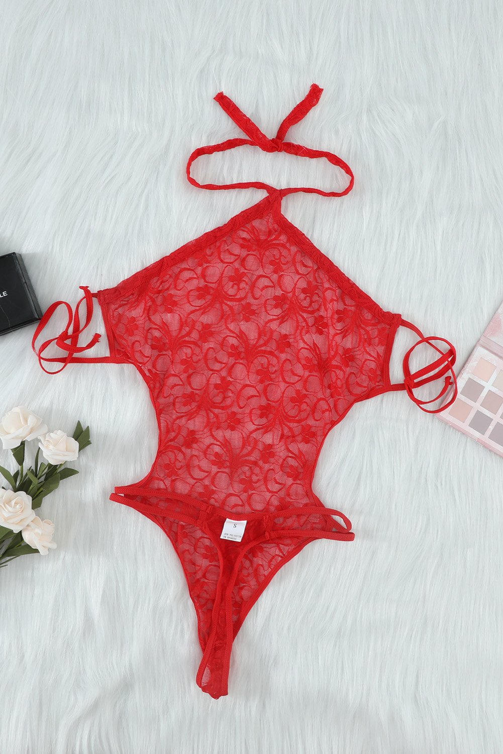 🌸Halter Neck Backless Strappy Lace Teddy