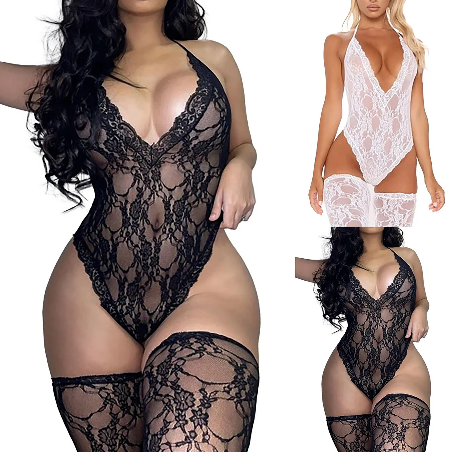 🌹 Midnight Bloom Lace Babydoll Bodysuit Dress