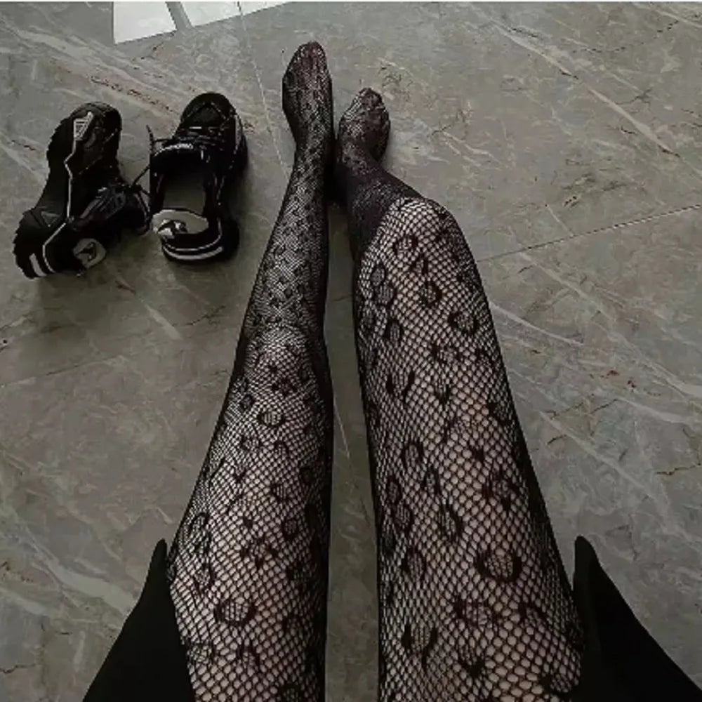 🖤 Midnight Mesh Lace-Patterned Fishnet Tights – High Waist, High Voltage