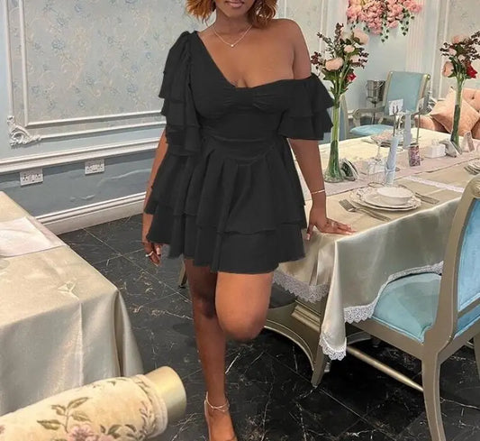 🌸 Lotus Reverie Slanted Shoulder Summer Dress – Soft Drama, Sculpted Elegance