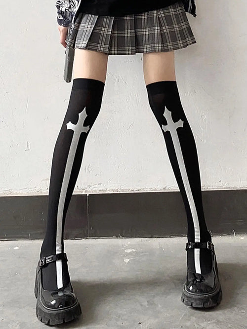 đź–¤ Velvet Vow Cross-Print JK Knee Socks