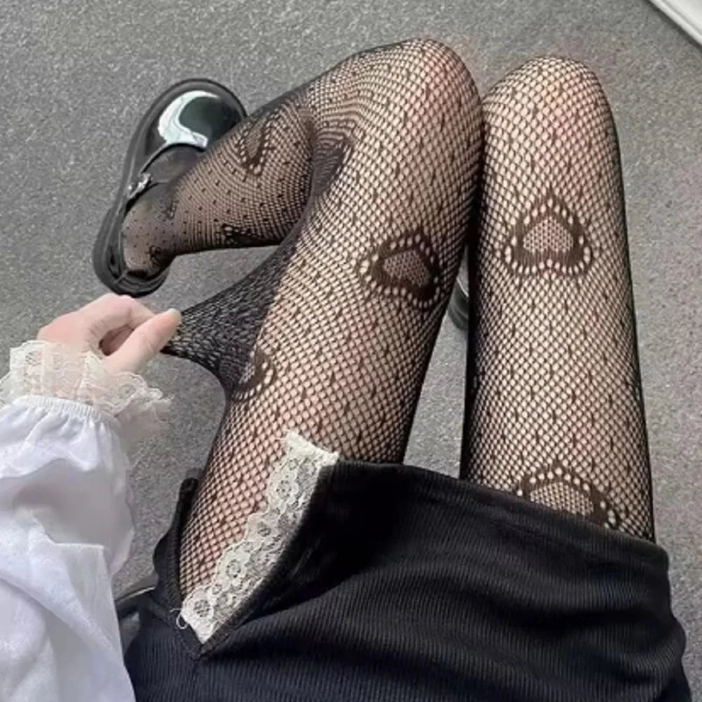 🖤 Midnight Mesh Lace-Patterned Fishnet Tights – High Waist, High Voltage