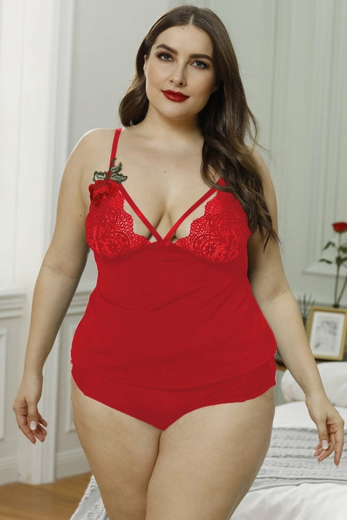 ๐น Midnight Bloom Plus Size Lace Cami Set โ Embroidered Elegance, Caged Temptation