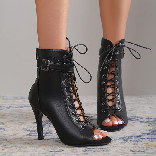 👠 Midnight Siren Lace-Up Peep Toe Pumps – Buckled Seduction, Zipped to Thrill