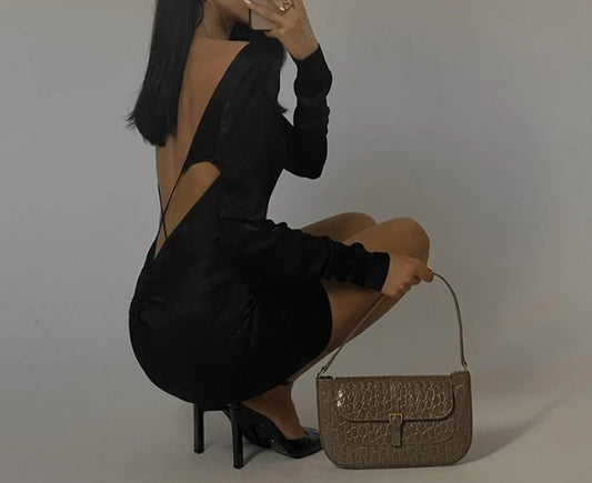🖤 Backlash Muse Retro Cross-Back Dress – Long Sleeves, Infinite Drama