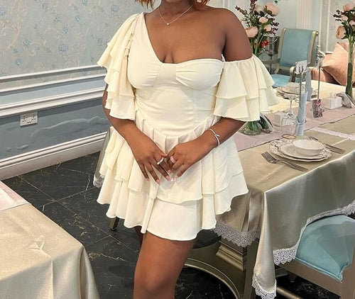 🌸 Lotus Reverie Slanted Shoulder Summer Dress – Soft Drama, Sculpted Elegance
