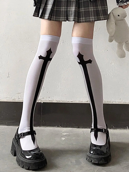 🖤 Velvet Vow Cross-Print JK Knee Socks