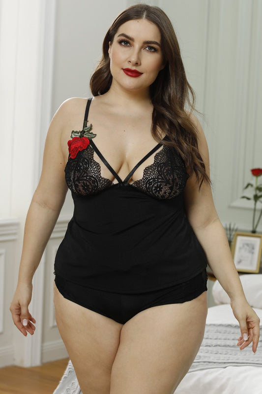 🌹 Midnight Bloom Plus Size Lace Cami Set – Embroidered Elegance, Caged Temptation