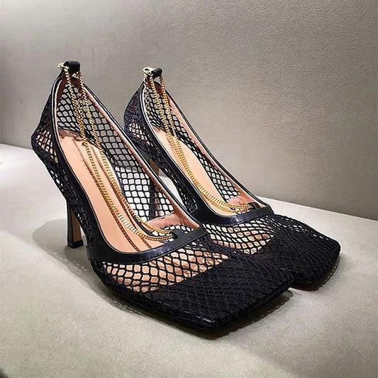 🔗 Chain Reaction Square-Toe Slip-On Sandals – 7cm & 9cm Heel Options